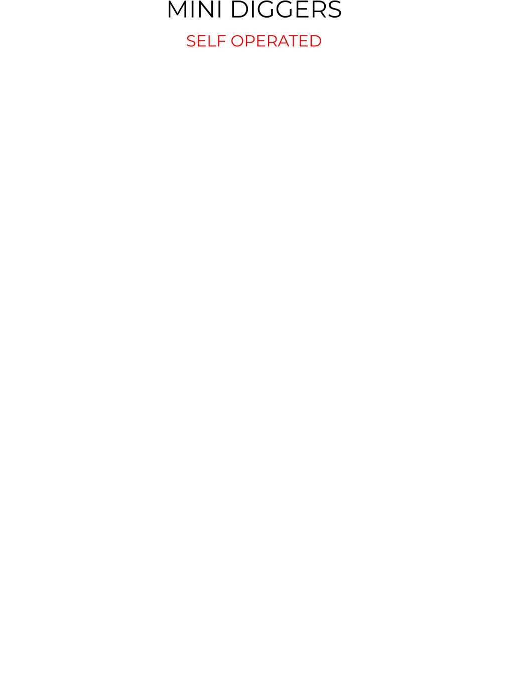 MINI DIGGERS  SELF OPERATED    At JA Plant Hire  we provide a wide range of digger hire options to suit all projects of all sizes.   Our diggers and the various configuration options to suite your needs. To better help you decide on the right digger for you we have put together some useful information on the diggers that we currently supply to both domestic and commercial customers looking for digger hire in Kent.   0.8 ton Micro Digger These machines are used when access is restricted as they are only 700mm wide and are capable of going through small gateways or even your house. They have a lot of power for a small machine and are capable of digging footings, clearing land, digging soakaways but they are limited on there reach. With of width of just 700mm it is perfect for spaces where a larger digger may not be able to fit or for working in confined environments.   Prices – 0.8t micro digger (DEPOSIT TO BE AGREED) 1 DAY  £80.00 + VAT 2 DAYS  £130.00 + VAT 3 DAYS  £170.00 + VAT 5 DAYS £220.00  + VAT                                    1.5 ton Mini Digger TO BE AGREED) The 1.5 ton excavator is the perfect machine for anyone looking for an all round work horse of construction and groundwork. At 1.5 ton these are the most popular of diggers they are a good all round machine with plenty of power and are great for digging footings, digging out driveways leveling land. For specs on this machine please click the link below.  Prices 1.5t micro digger (Deposit TO BE AGREED) 1 DAY  £100.00 + VAT 2 DAYS  £160.00  + VAT  3 DAYS  £200.00 + VAT  5 DAYS £250.00 + VAT   Digger attachments Hydraulic breaker  – these attach to the digger and give you a very powerful breaker for breaking out concrete or tarmac. They are a lot more powerful than the breaker packs and make light work of most jobs.   £50.00 Per Day Per Attachment    Post Banger  Takes The hard work out of Banging In Post for Fencing  £50.00 Per Day Per Attachment  Hydraulic Auger – these are used for drilling holes for fence posts and have a selection of Flights for the perfect sized hole. £50.00 Per Day Per Attachment  3 Ton DIgger (DEPOSIT TO BE AGREED) 1 Day £125.00 + VAT 2 DAYS £200.00 + VAT  3 DAYS  £270.00 + VAT          5 DAYS £400.00 + VATPriceT
